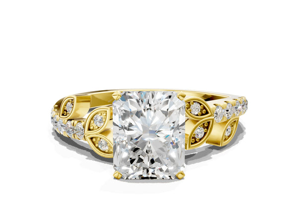 Yellow Gold Radiant Cut Leaf Solitaire Engagement Ring Setting with Pave Band