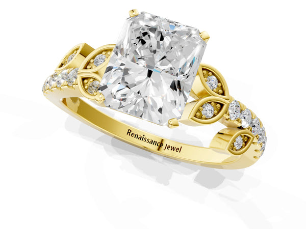 Yellow Gold Radiant Cut Leaf Solitaire Engagement Ring Setting with Pave Band