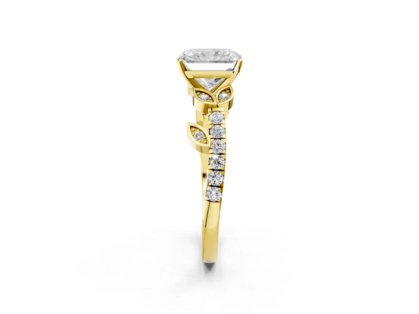 Yellow Gold Radiant Cut Leaf Solitaire Engagement Ring Setting with Pave Band