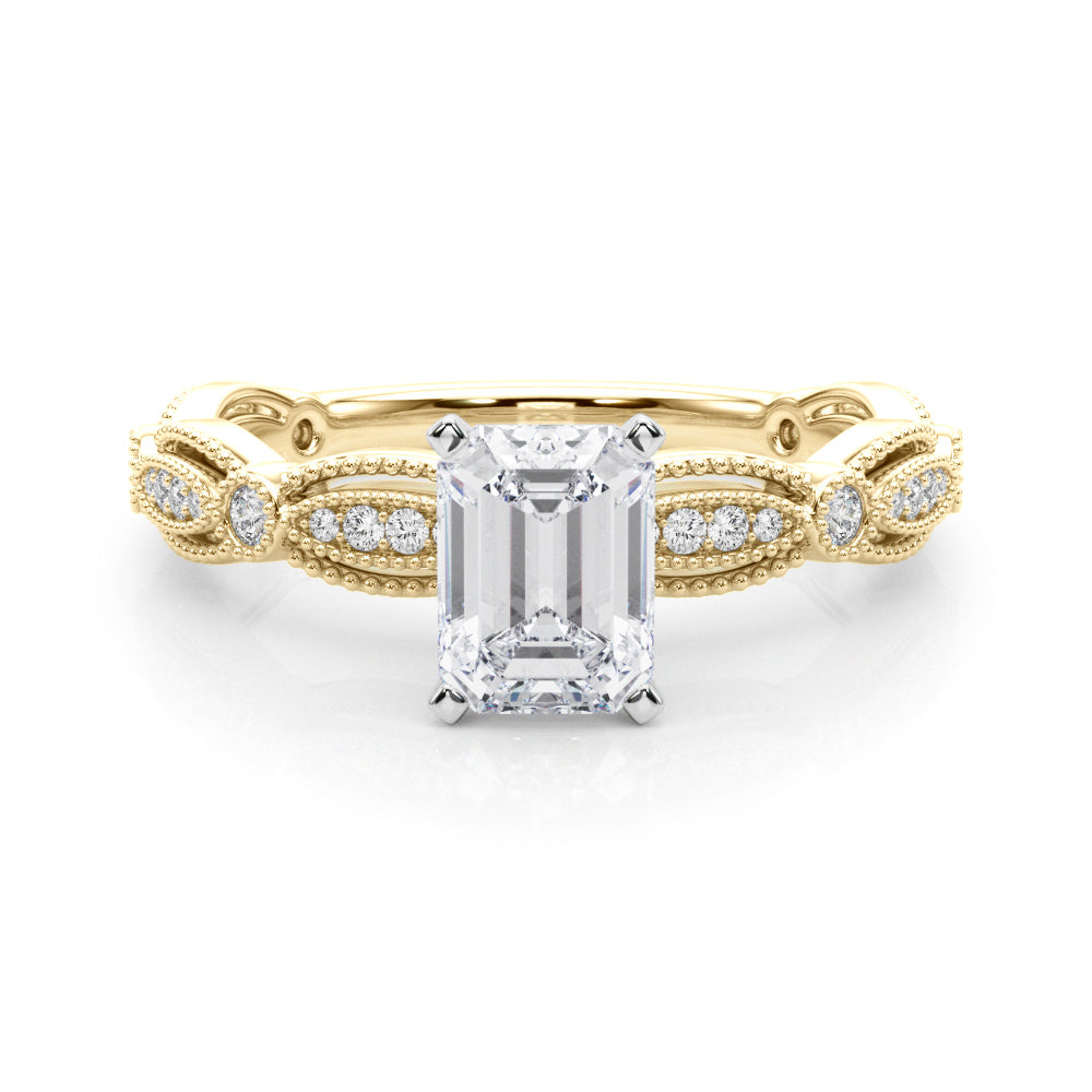 Yellow gold Radiant Solitaire Milgrain Diamond Engagement Ring with Bezel and Marquise Band