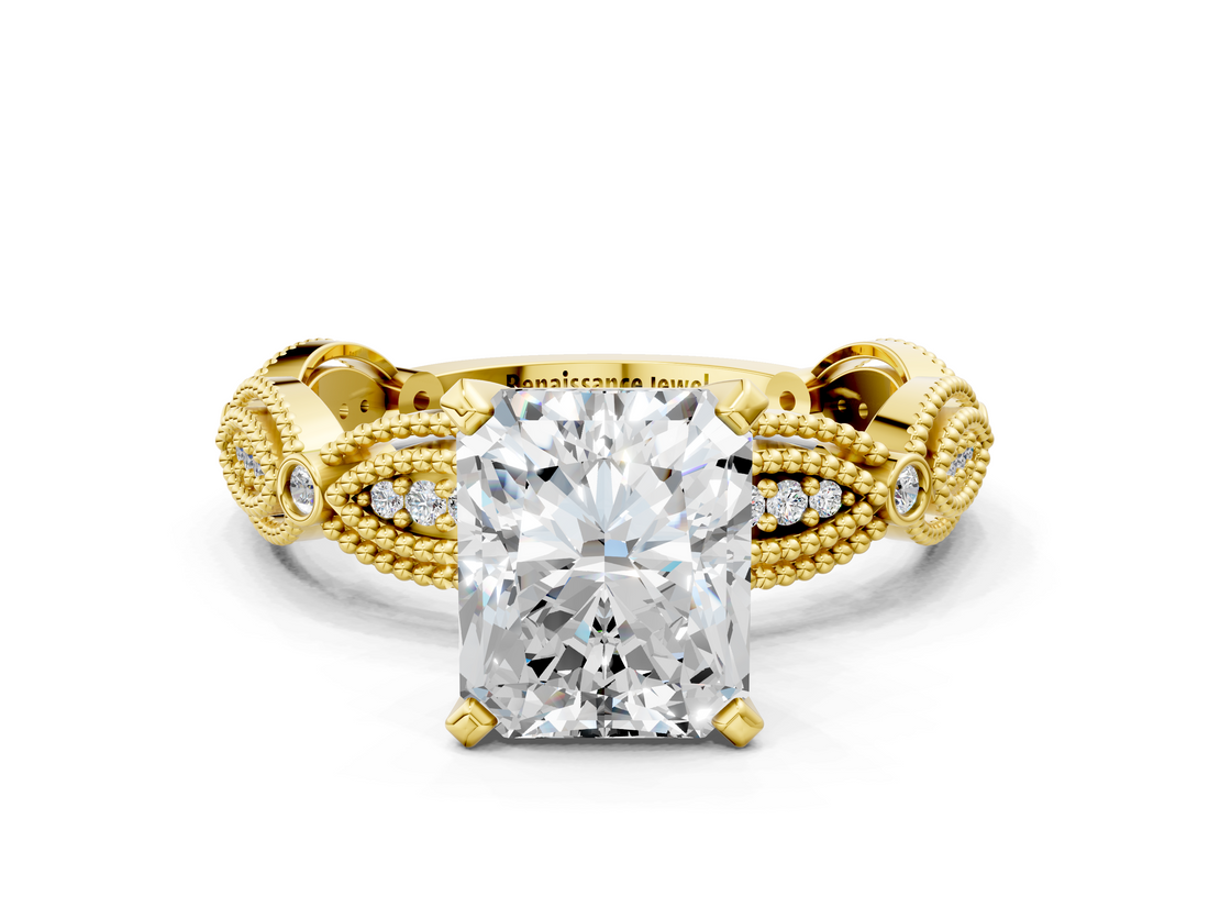 Yellow gold Radiant Solitaire Milgrain Diamond Engagement Ring with Bezel and Marquise Band_128