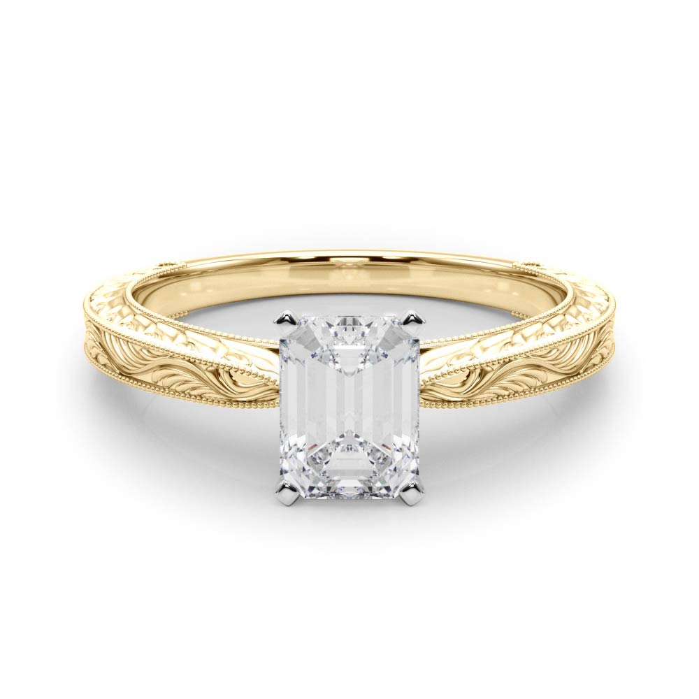 Yellow gold Radiant Solitaire Milgrain Engraved Band with Four-Prong Setting