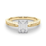 Yellow gold Radiant Solitaire Milgrain Engraved Band with Four-Prong Setting