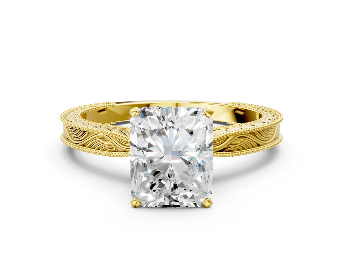 Yellow gold Radiant Solitaire Milgrain Engraved Band with Four-Prong Setting_4