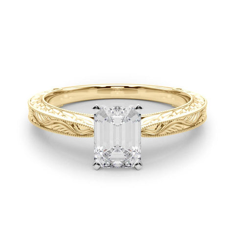 Yellow gold Radiant Solitaire Milgrain Engraved Band with Four-Prong Setting