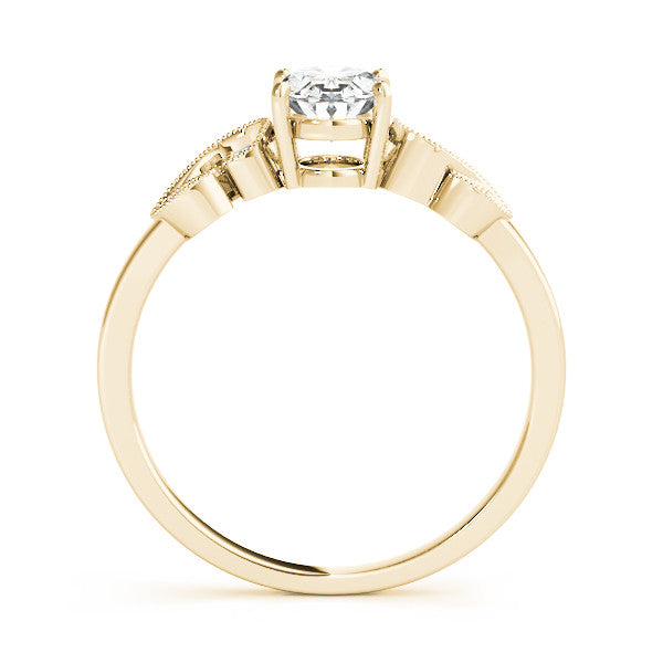 Yellow gold Princess Solitaire Milgrain Leaf Band with Prong Setting