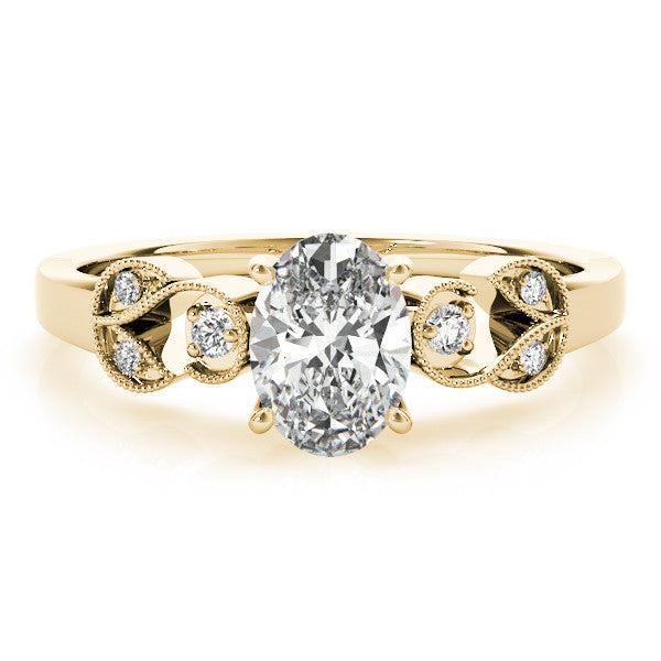 Yellow gold Princess Solitaire Milgrain Leaf Band with Prong Setting