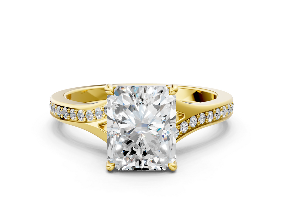 Yellow gold Radiant Cut Diamond Solitaire Ring with Pavé Band and Prong Setting