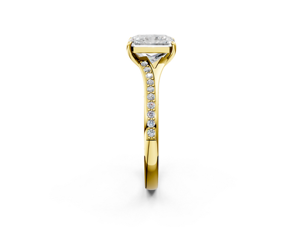 Yellow gold Radiant Cut Diamond Solitaire Ring with Pavé Band and Prong Setting