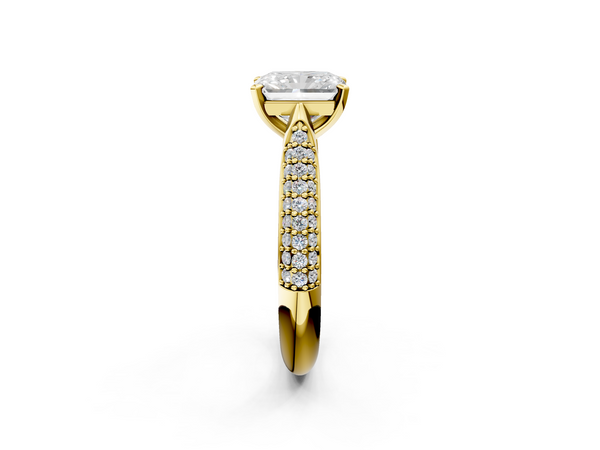 Yellow gold Radiant Cut Diamond Solitaire Engagement Ring with Multi-Row Round Pavé Band and Prong Setting
