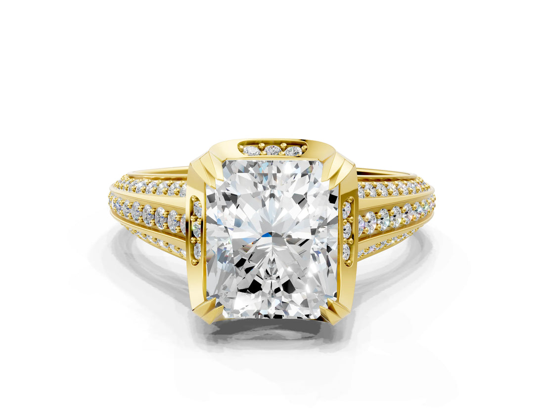 Yellow gold Radiant Solitaire Pave Split Shank Ring with Four-Prong Setting_99