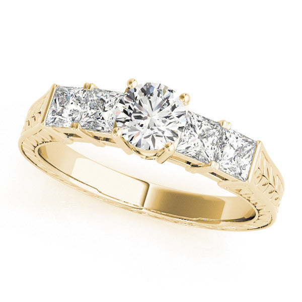 Yellow gold Radiant Solitaire Princess Side Stone Engraved Band Prong Setting Ring 1