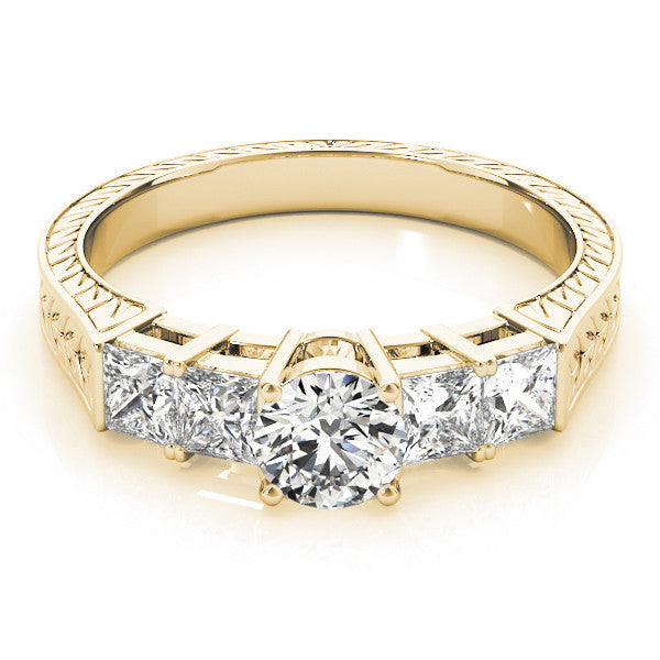 Yellow gold Radiant Solitaire Princess Side Stone Engraved Band Prong Setting Ring 2