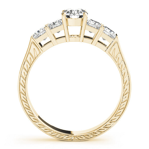 Yellow gold Radiant Solitaire Princess Side Stone Engraved Band Prong Setting Ring