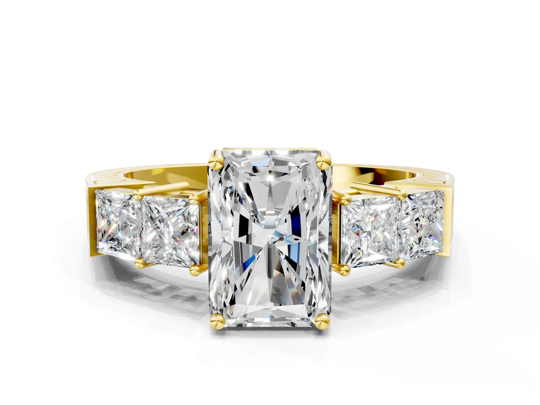 Yellow gold Radiant Solitaire Princess Side Stone Engraved Band Prong Setting Ring_3