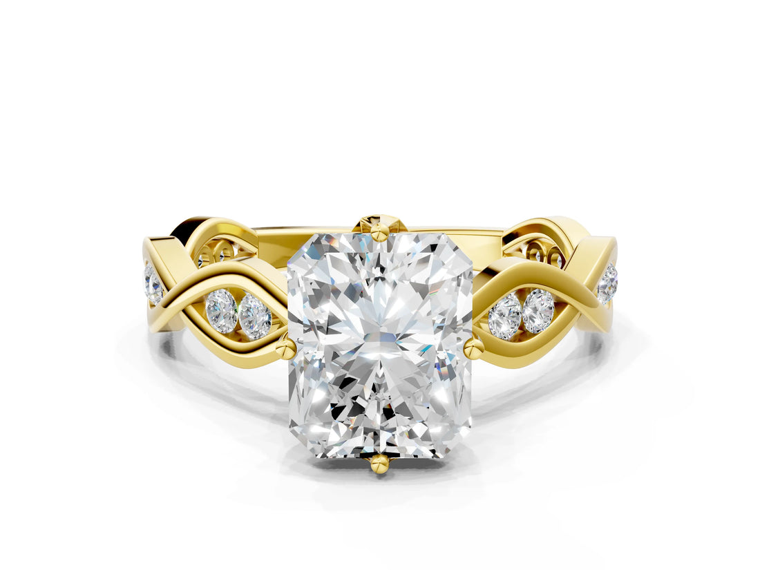 Yellow gold Radiant Solitaire Twist Band with Leaf Prong Setting 2