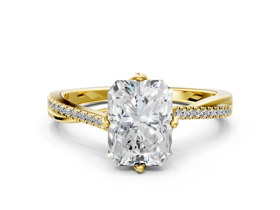 Yellow gold Radiant Solitaire Twist Band with Pavé Diamonds and Four-Prong Setting_57