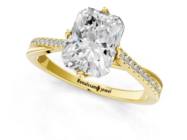 Yellow gold Radiant Solitaire Twist Band with Pavé Diamonds and Four-Prong Setting