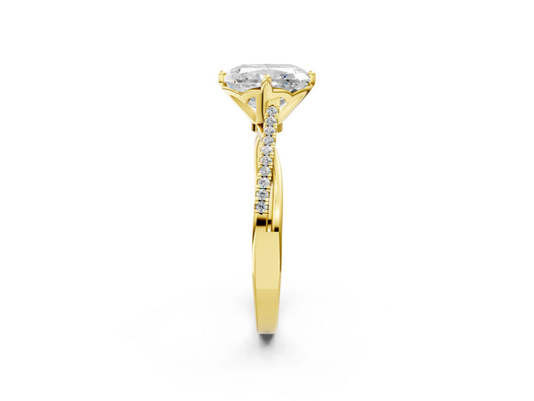 Yellow gold Radiant Solitaire Twist Band with Pavé Diamonds and Four-Prong Setting