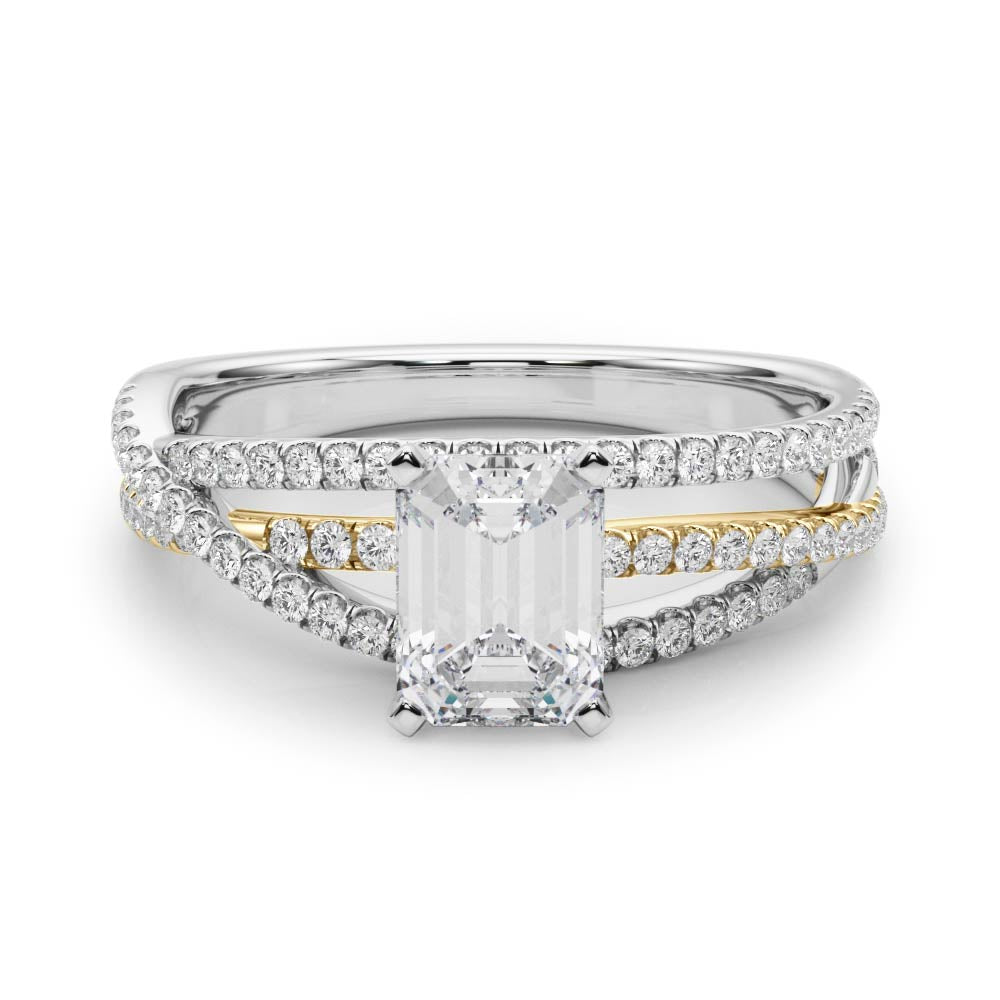 Yellow gold Radiant Solitaire Twist Band with Pavé Setting and Four-Prong Setting
