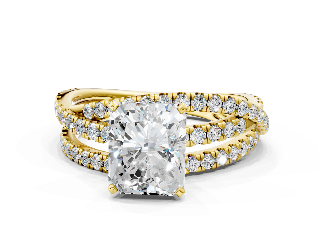 Yellow gold Radiant Solitaire Twist Band with Pavé Setting and Four-Prong Setting_130