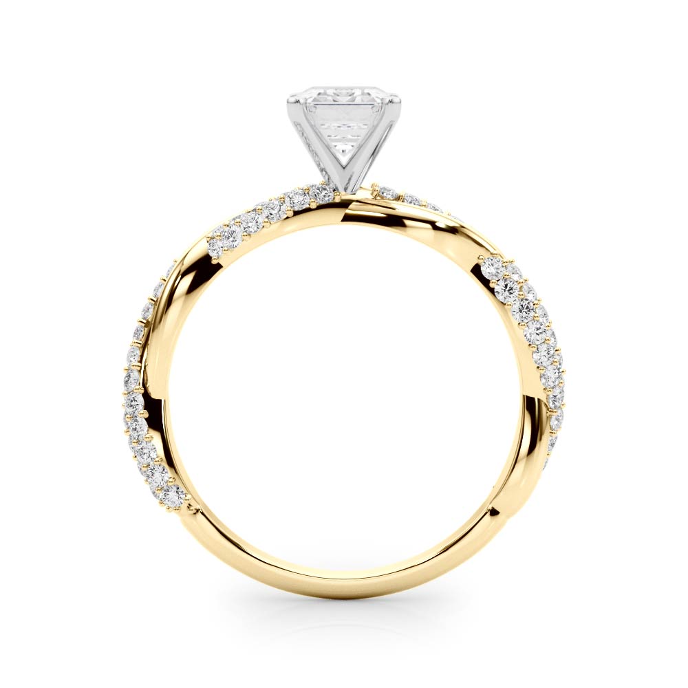 Yellow gold Radiant Solitaire Twist Band with Pave Prong Setting