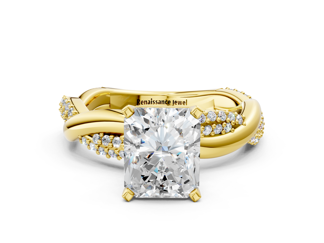 Yellow gold Radiant Solitaire Twist Band with Pave Prong Setting_64