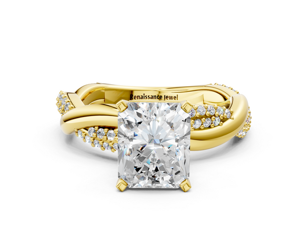 Yellow gold Radiant Solitaire Twist Band with Pave Prong Setting