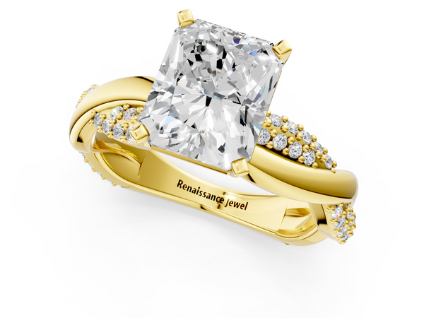 Yellow gold Radiant Solitaire Twist Band with Pave Prong Setting