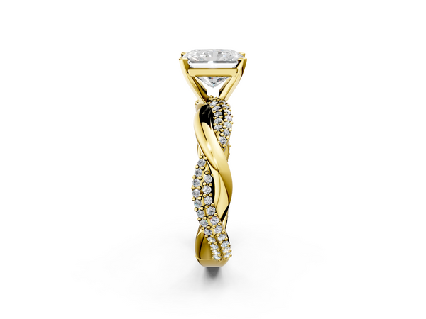 Yellow gold Radiant Solitaire Twist Band with Pave Prong Setting