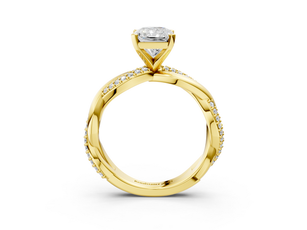 Yellow gold Radiant Solitaire Twist Band with Pave Prong Setting