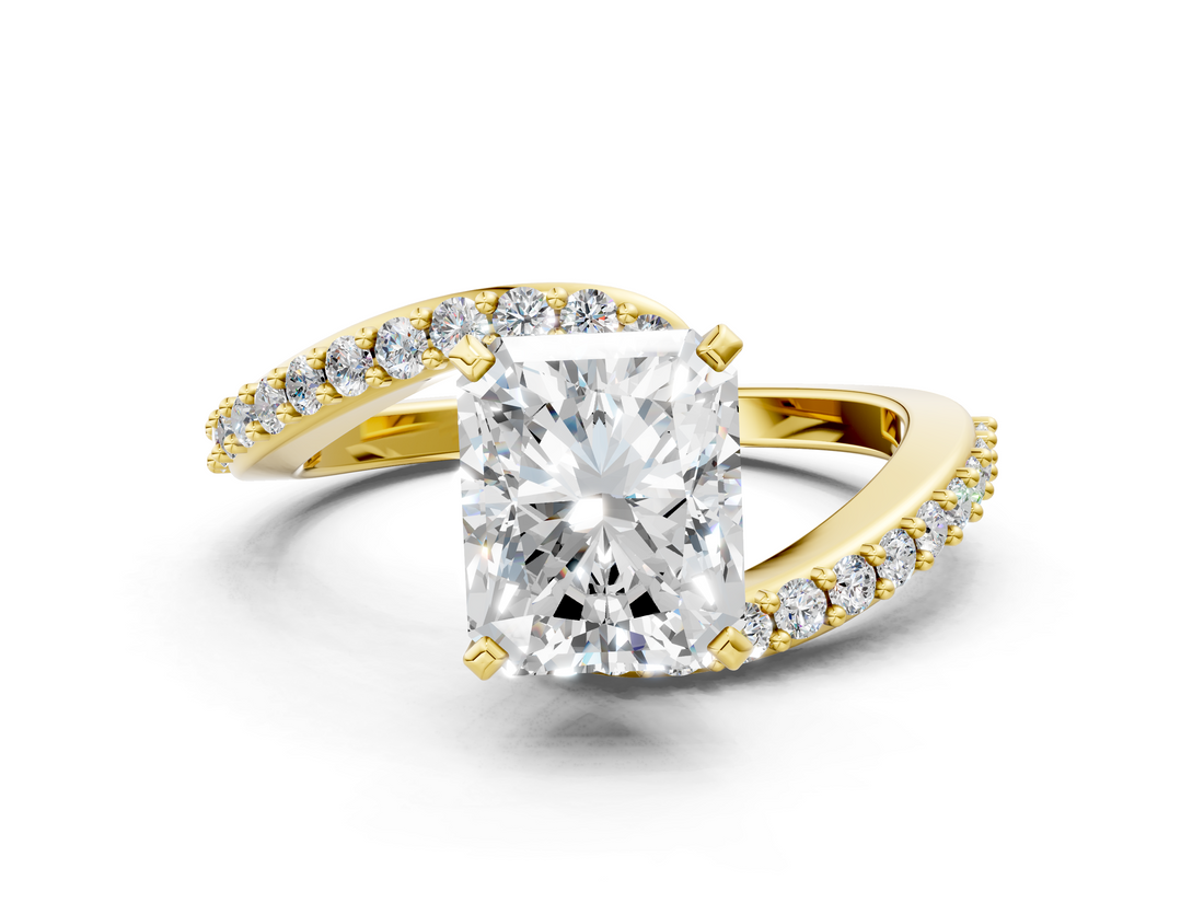 Yellow gold Radiant Solitaire Twist Band with Pave Set Diamonds and Four-Prong Setting_137