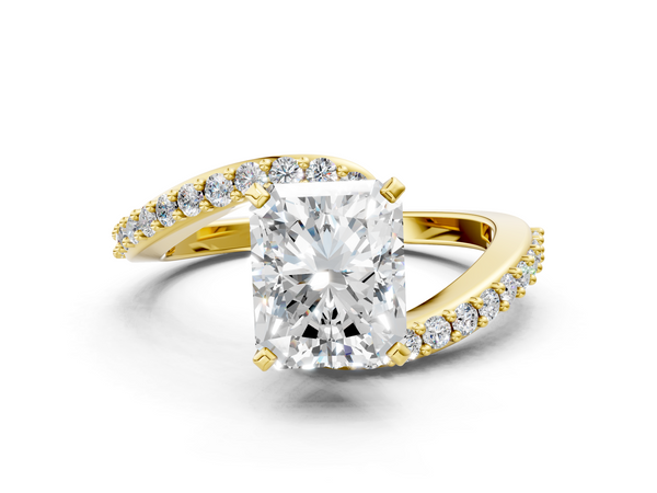 Yellow gold Radiant Solitaire Twist Band with Pave Set Diamonds and Four-Prong Setting
