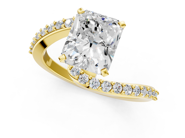 Yellow gold Radiant Solitaire Twist Band with Pave Set Diamonds and Four-Prong Setting