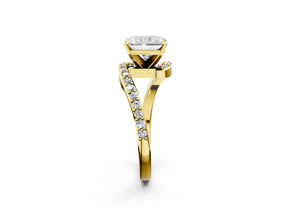 Yellow gold Radiant Solitaire Twist Band with Pave Set Diamonds and Four-Prong Setting