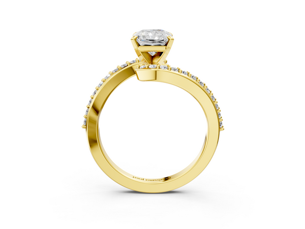 Yellow gold Radiant Solitaire Twist Band with Pave Set Diamonds and Four-Prong Setting