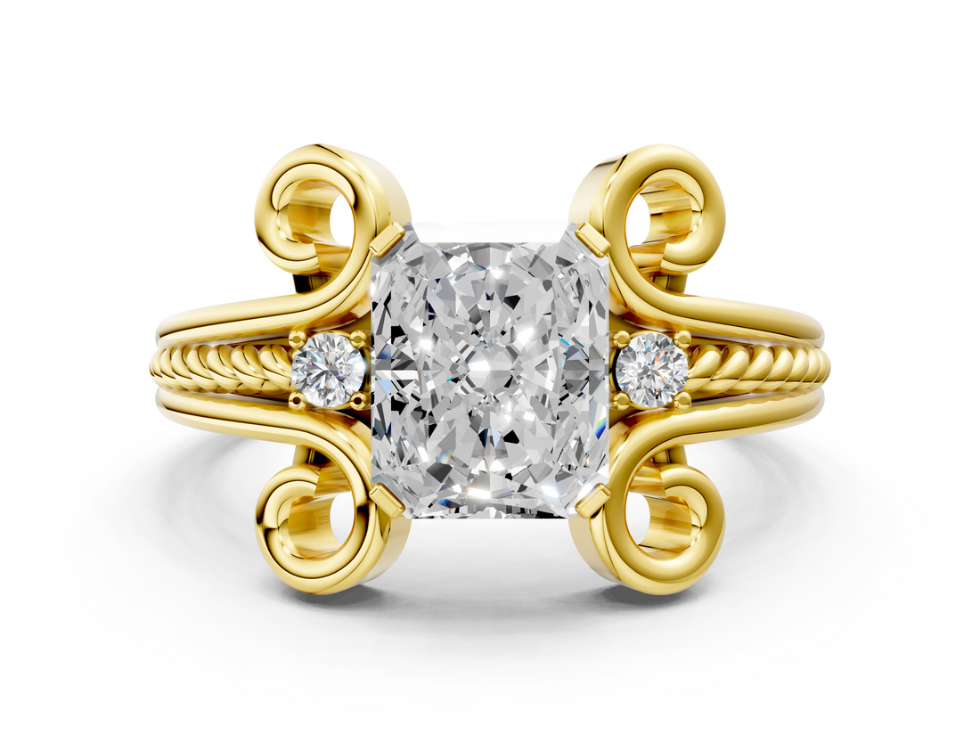 Yellow gold Radiant Solitaire Twisted Band Scroll Prong Ring_3