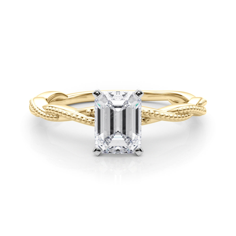 Yellow gold Radiant Solitaire Twisted Band with Bead Prong Setting
