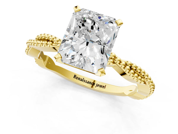 Yellow Gold Radiant Cut Solitaire Engagement Ring Setting with Beaded Twist Band and Basket Head
