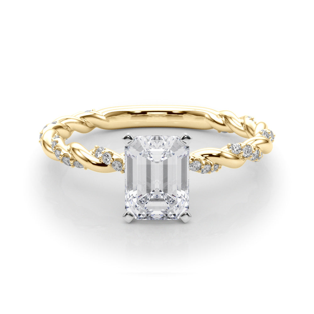 Yellow gold Radiant Solitaire Twisted Band with Pavé Accents and Four-Prong Setting