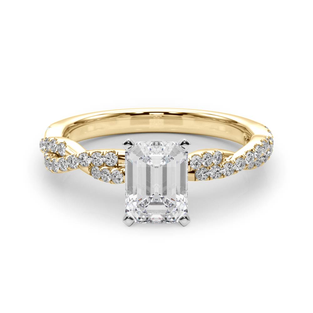 Yellow gold Radiant Solitaire Twisted Pave Band with Four-Prong Setting