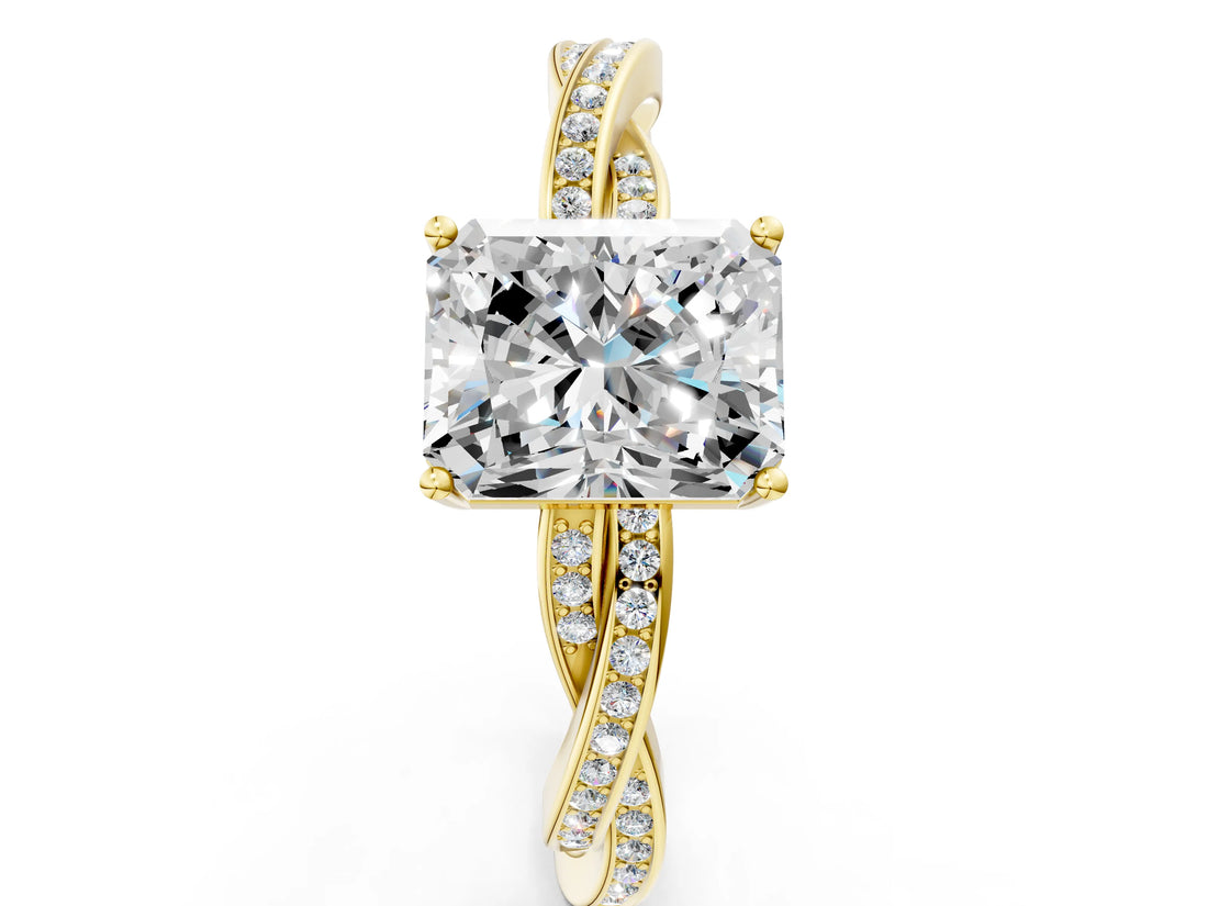 Yellow gold Radiant Solitaire Twisted Pave Diamond Ring with Four-Prong Setting_24