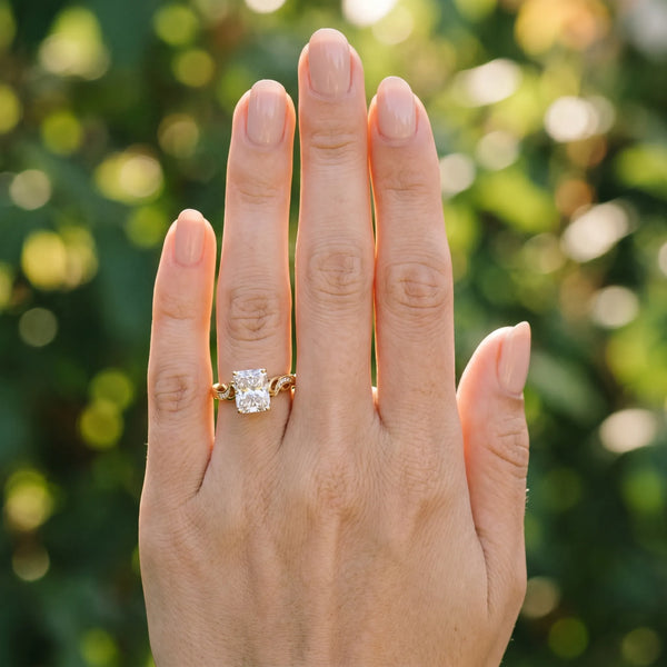 Yellow gold Radiant Solitaire Vine Band with Milgrain Prong Setting