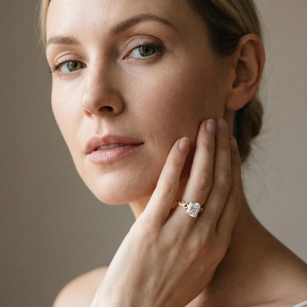 Yellow gold Radiant Solitaire Vine Band with Milgrain Prong Setting