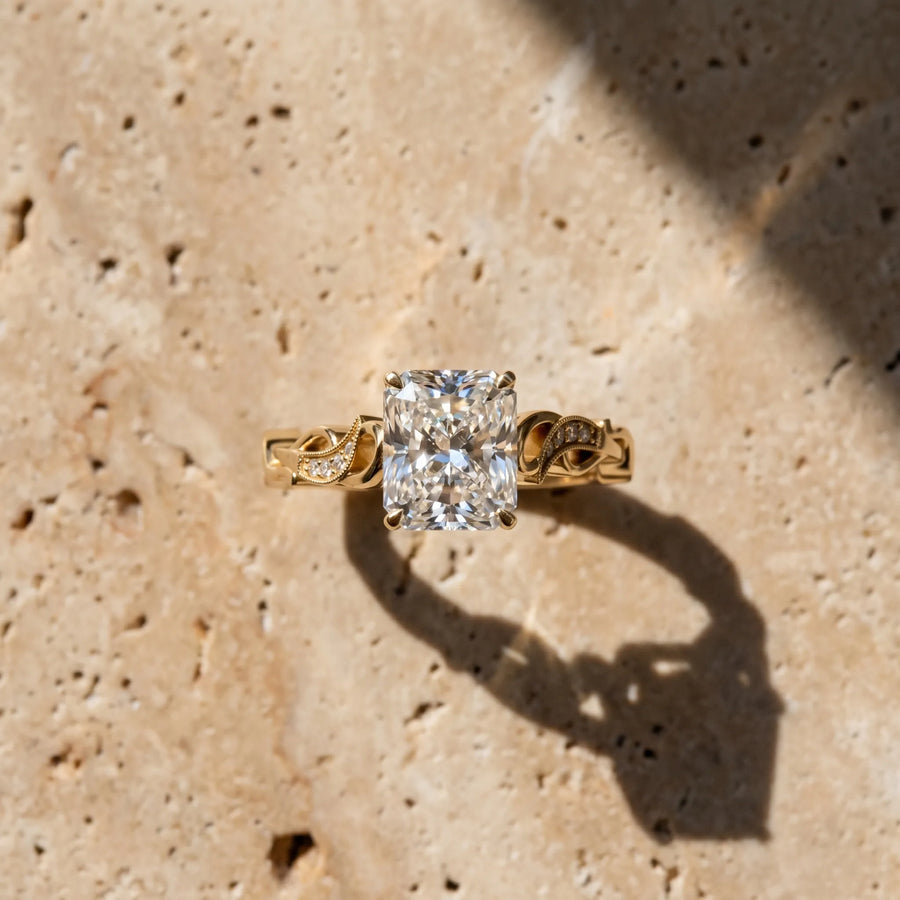Yellow gold Radiant Solitaire Vine Band with Milgrain Prong Setting