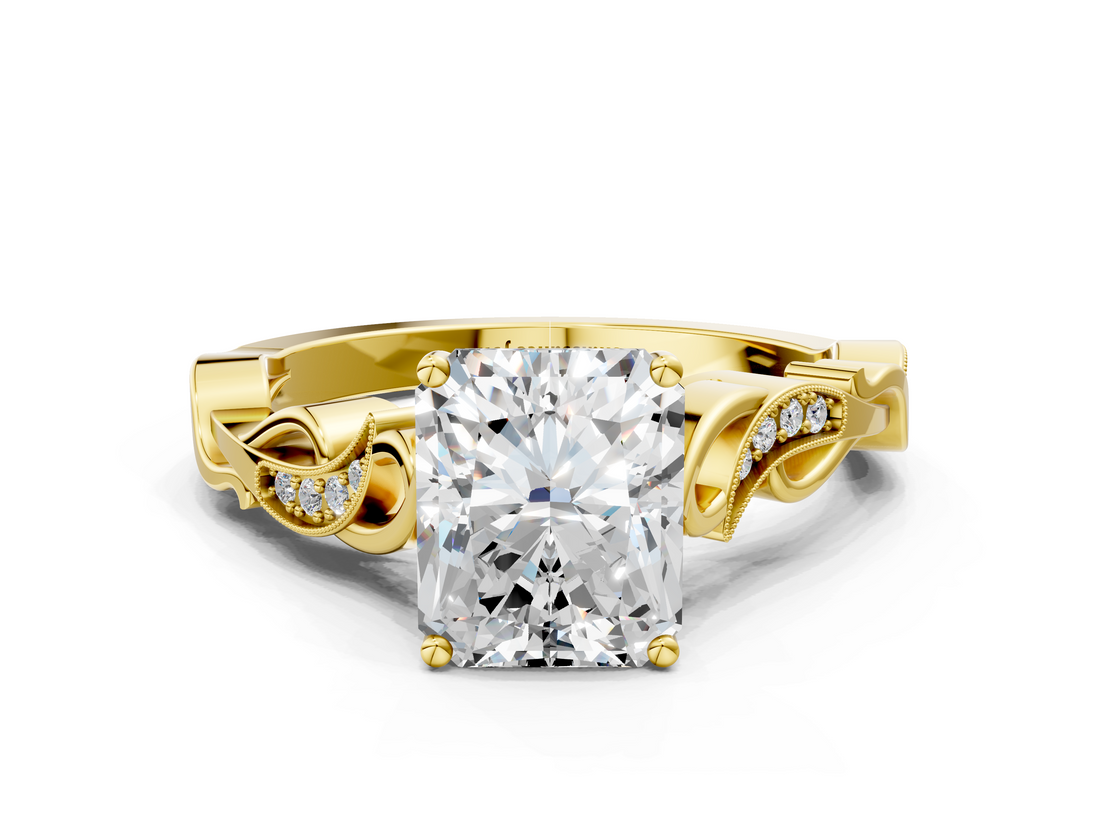 Yellow gold Radiant Solitaire Vine Band with Milgrain Prong Setting_9