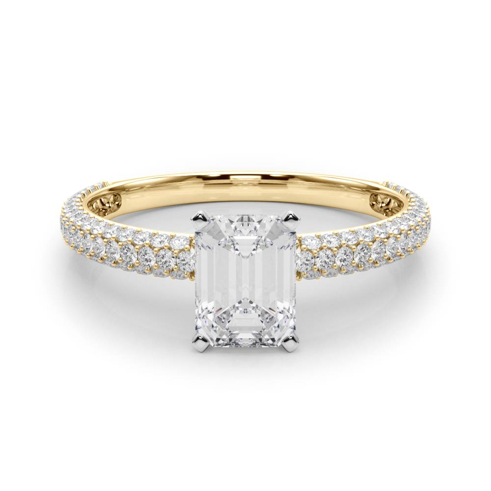 Yellow gold Radiant Solitaire with Pave Band and Four-Prong Setting