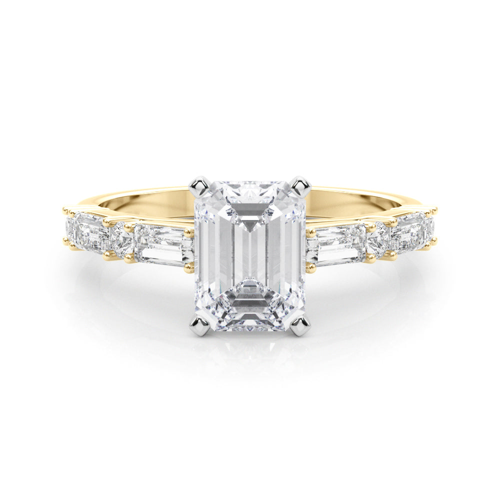 Yellow gold Radiant Solitaire with Side Baguettes and Channel Set Band
