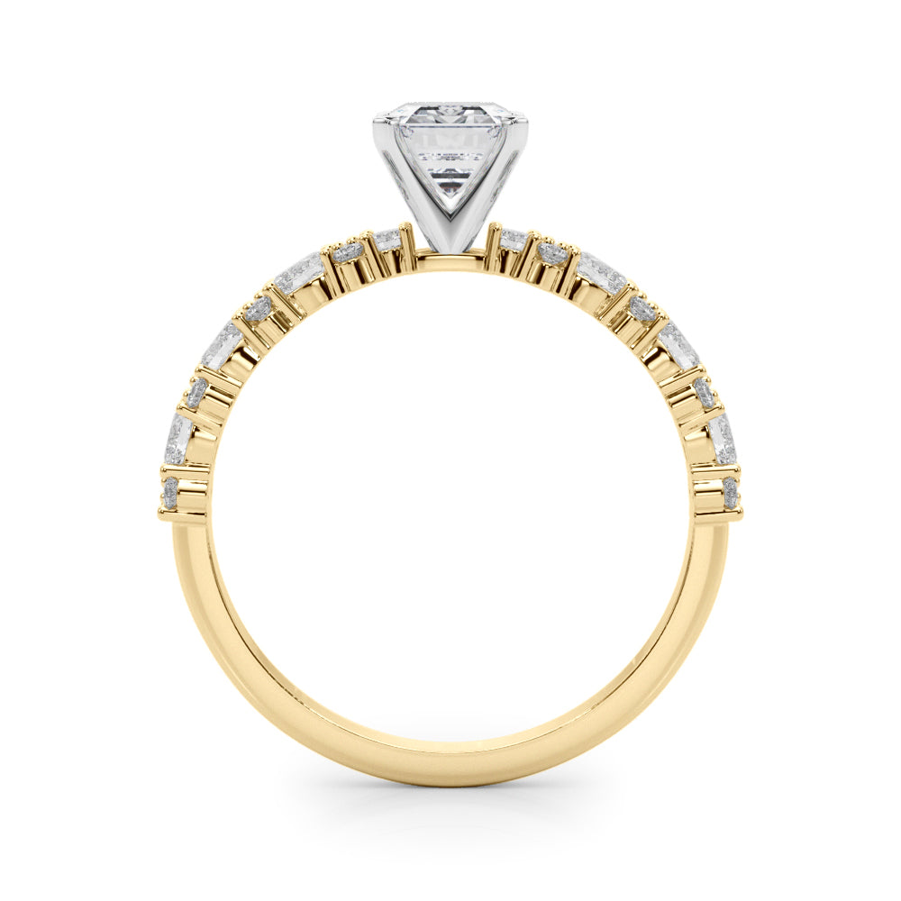 Yellow gold Radiant Solitaire with Side Stones, Pave Band, Four-Prong Setting 1