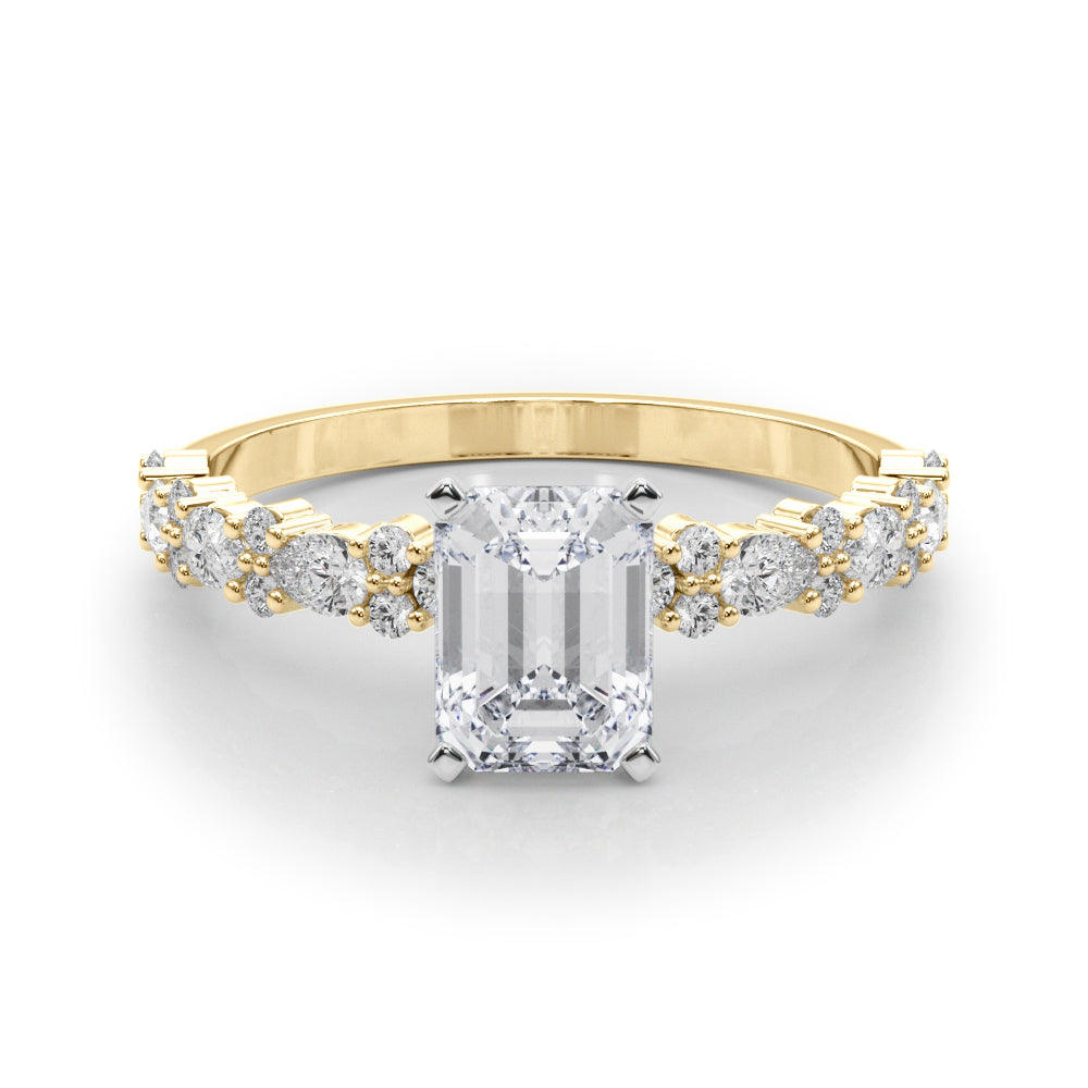 Yellow gold Radiant Solitaire with Side Stones, Pave Band, Four-Prong Setting